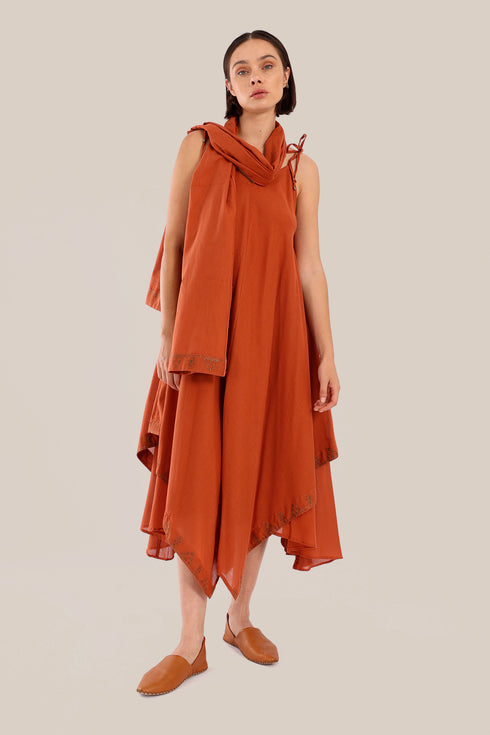 Embroidered cotton gauze dress with asymmetric hemline